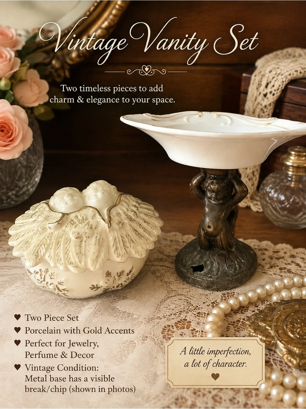 Cream Porcelain Vanity Set with Gold Accents - Vintage Style